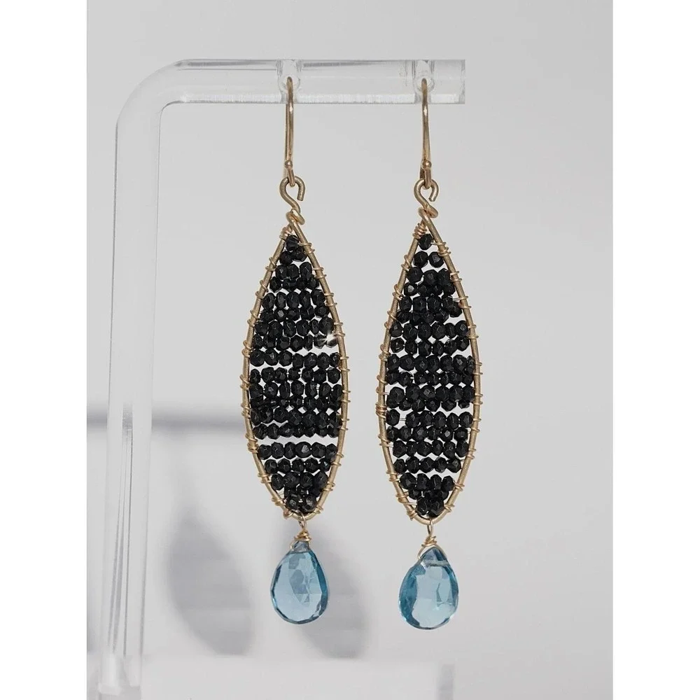 Mabel Chong Designer 14k Solid‎ Gold Black Spinel Blue Topaz Dangle Earrings